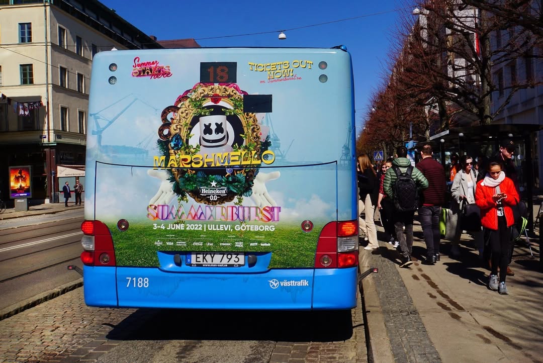 Summerburst Marshmello campaign wrapped across a Gothenburg city bus.